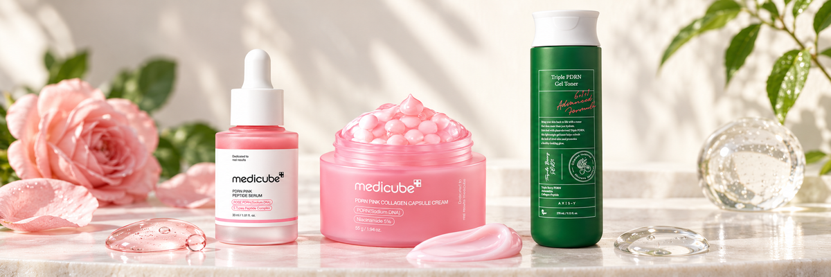 MEDICUBE serum and cream beside AXIS-Y toner in a bright editorial still life — AI-created image