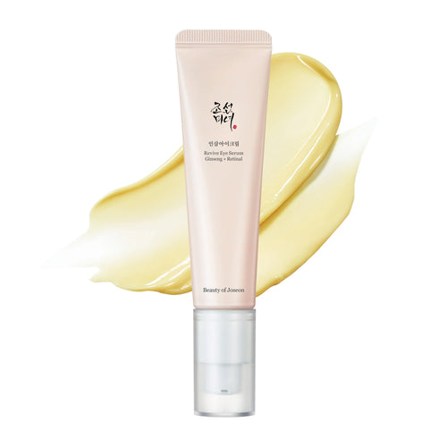 Beauty of Joseon Revive Eye Serum Ginseng + Retinal 30ml tube beside a golden serum texture