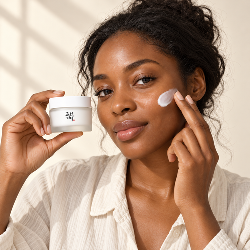 Model holding Beauty of Joseon Dynasty Cream beside her face — AI-generated editorial campaign